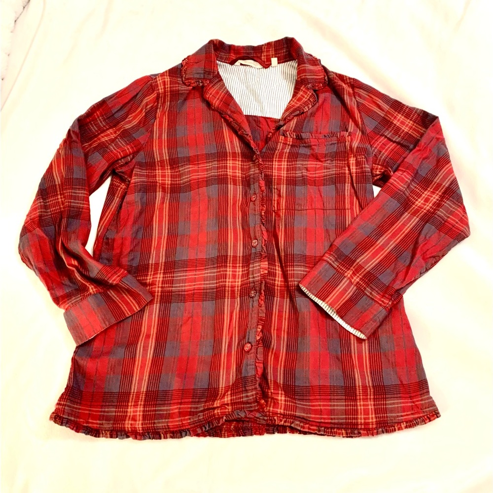 Soft Surroundings Womens Pajama Top Sz S Night Divine Red Plaid Button Up Shirt